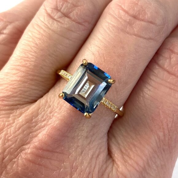 14K Gold Plated Sterling Silver 925 India Emerald Cut Blue Quartz Ring Sz 8.5 - Picture 3 of 16